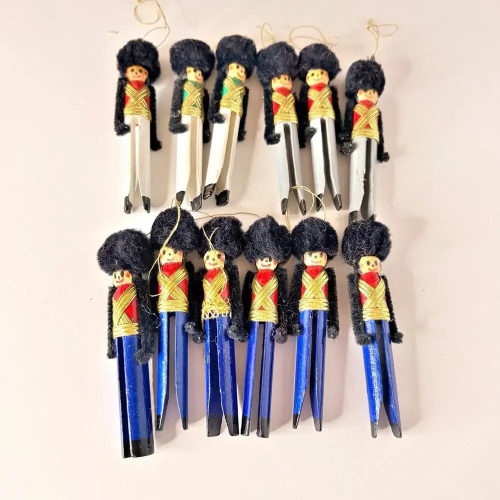 Vtg Handmade Clothes Pin Toy Soldiers Snowman Santa Ornament Lot Of 14 Christmas